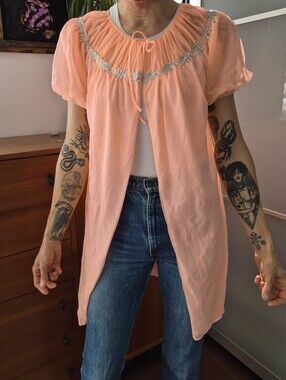 Vintage Pink Sheer Peasant Tunic with Lace Yoke